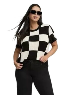 Torrid Knit Checkered Sweat T-Shirt Black White Size 1